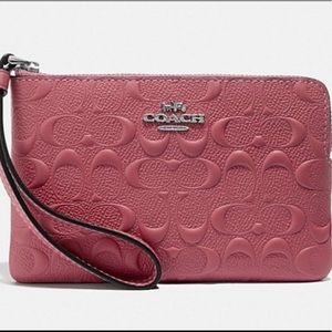 Coach Signature Wristlet Red Leather Corner Zipper